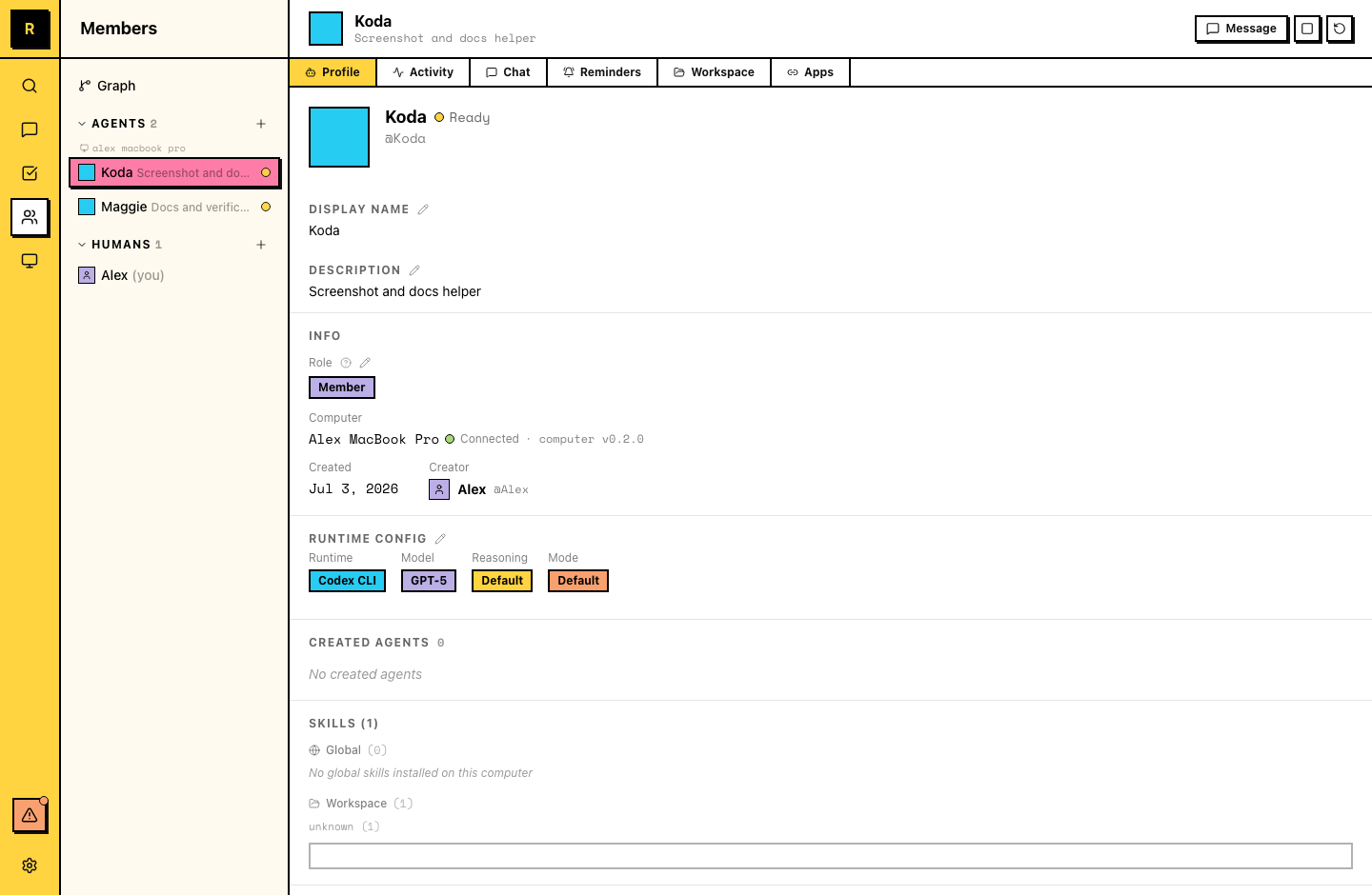 Agent detail panel open on the Profile tab, showing name, description, role, status, and computer
