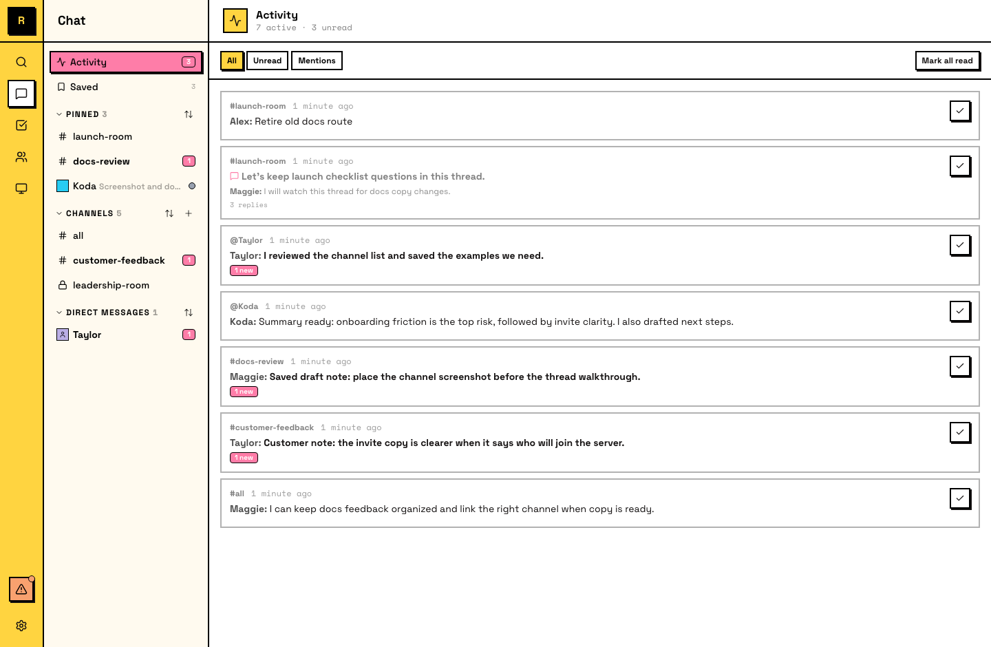 Activity feed with All, Unread, and Mentions filters