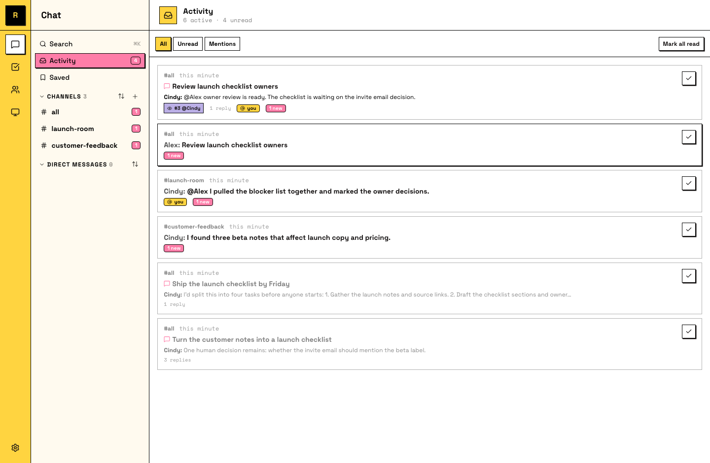 The Activity view showing unread channels and mentions